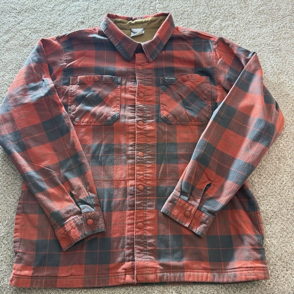 Fleece Lined Flannel Jacket Red Plaid Shacket Columbia Men's L Cornell Woods